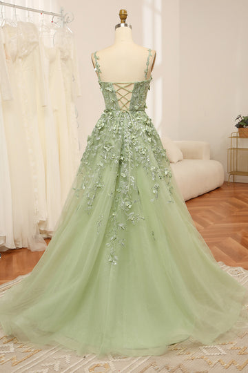 Spaghetti Straps Green A Line Tulle Prom Dress with 3D Flowers